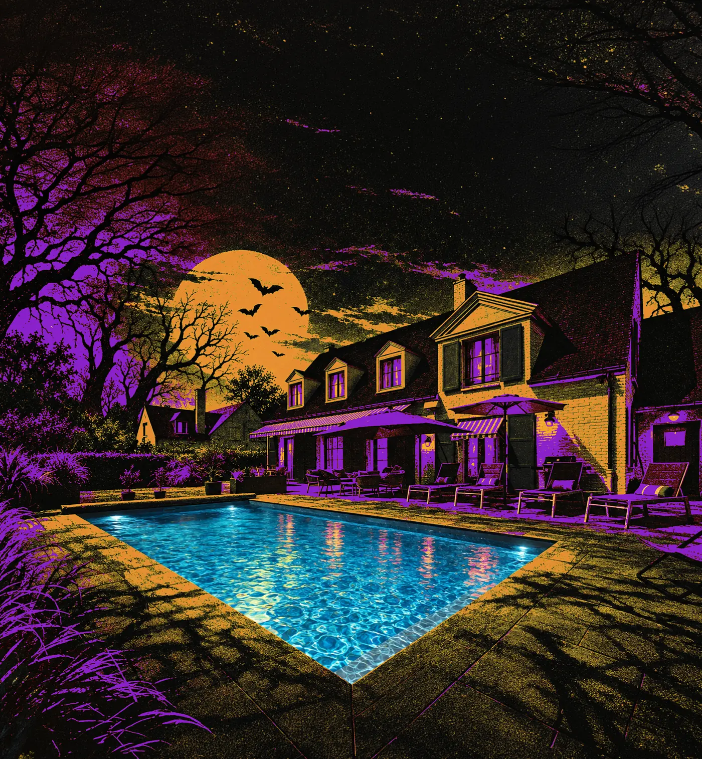 Piscine illuminée la nuit devant une maison, ambiance Halloween